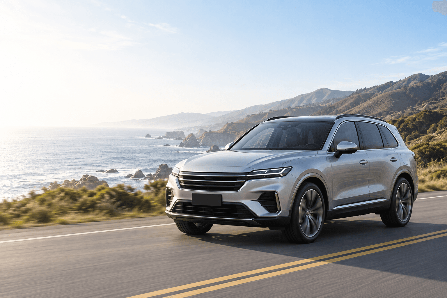 Silver SUV on a scenic coastal road